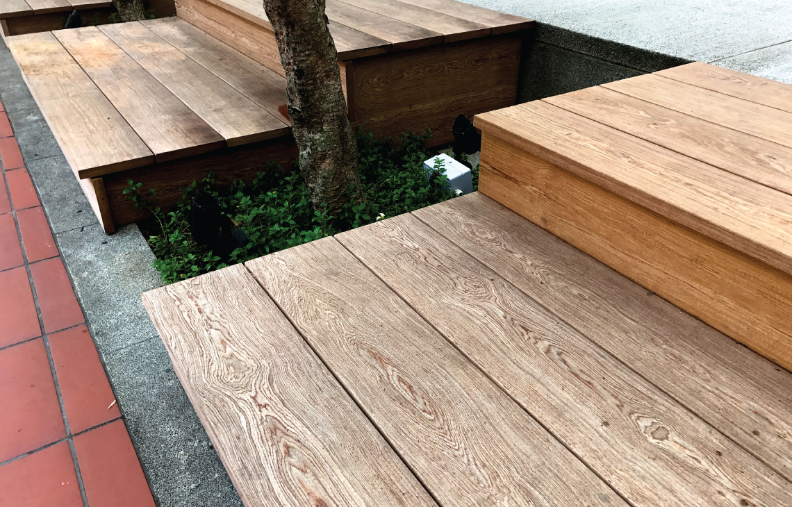 Onewood Timber Outdoor Bench with homogeneous wide planks at Chijmes