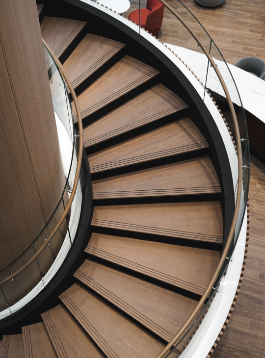Onewood Spiral Staircase Tread and curved handrail